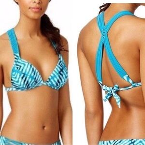 Hula Honey push-up bikini Top, racer strappy back, ties at back, Blue, M, NWT